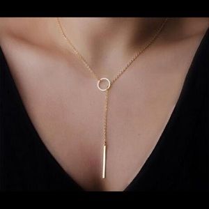 Delicate gold chain circle and bar drop necklace